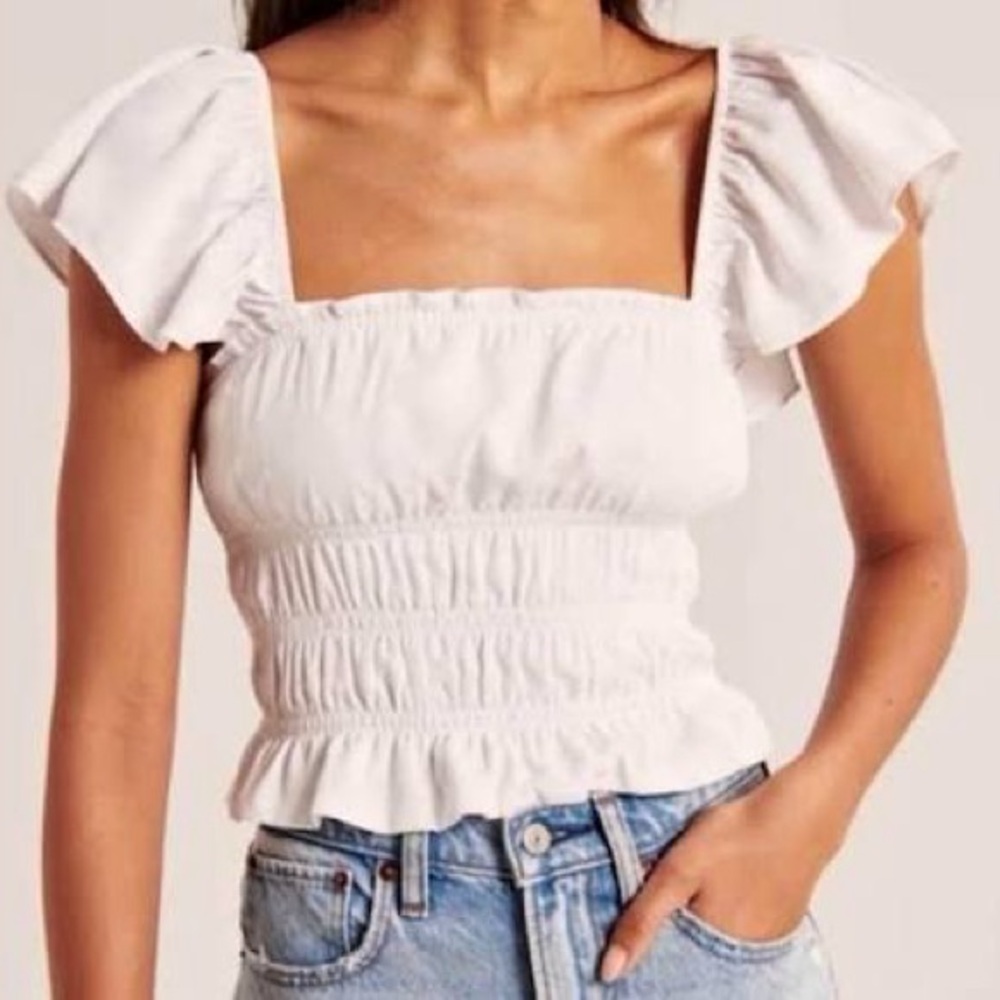 Abercrombie Smocked White Flutter Sleeve Top